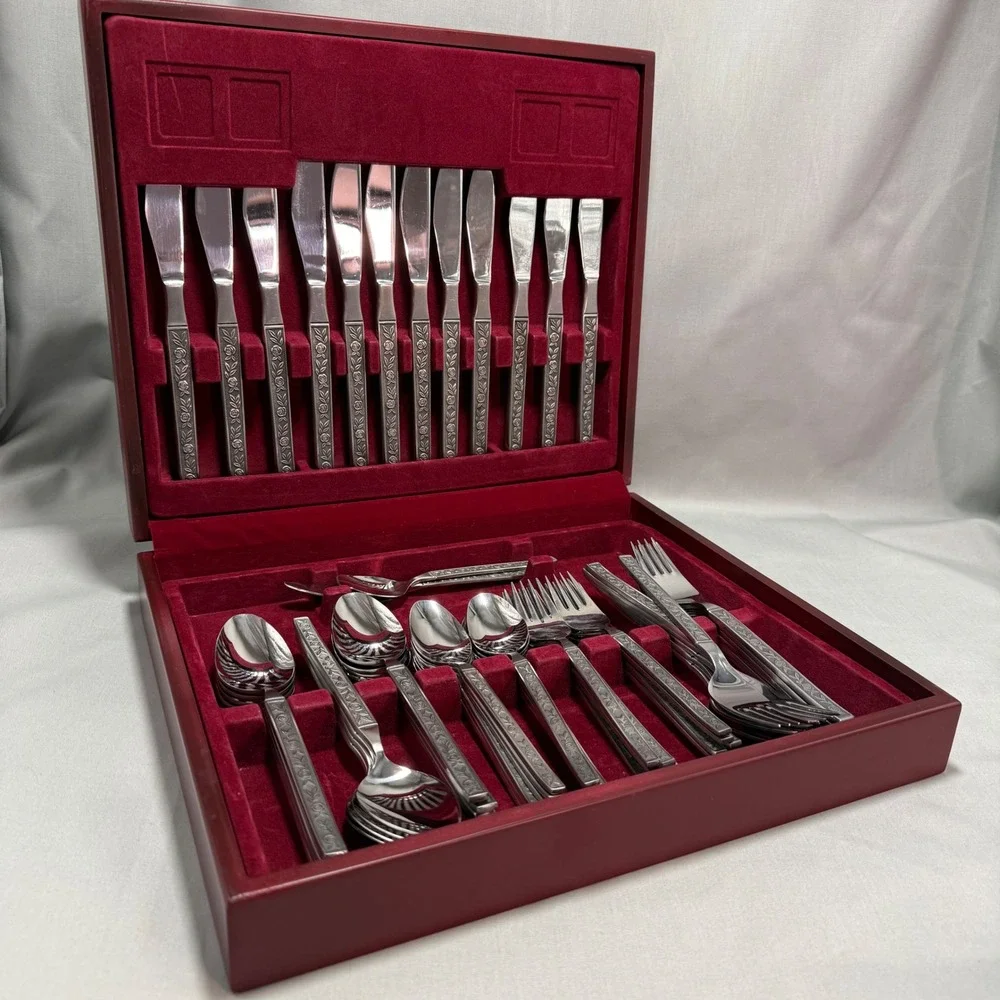 Mexicali Rose 62 Piece Service for 12 Flatware Set Floral Vintage 1970s Case